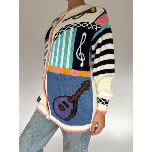90s vintage music theme musical notes teacher novelty embroidered knit cardigan - Picture 6 of 11